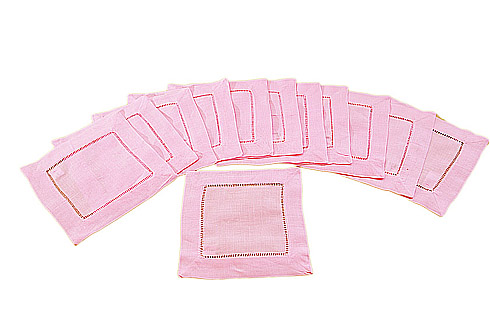 Solid Colored Hemstitch Cocktail Napkins. Cany PInk colored